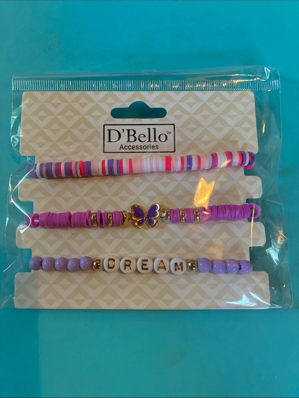 D'Bello Purple Butterfly & DREAM Beaded Bracelet Set